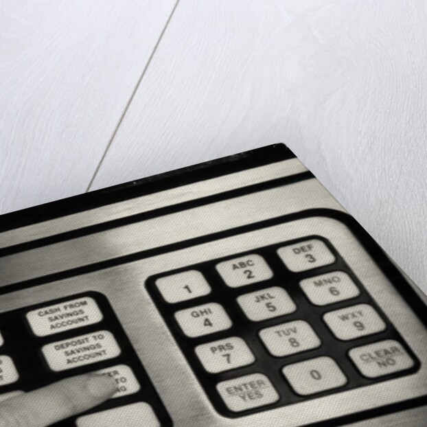 1980s Hand Pressing Buttons On Panel Of Vintage Automatic Teller Machine Atm by Anonymous
