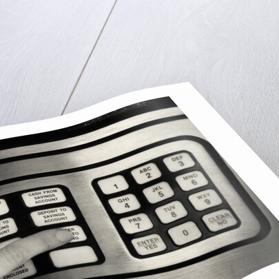 1980s Hand Pressing Buttons On Panel Of Vintage Automatic Teller Machine Atm by Anonymous