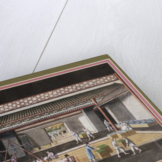 A Chinese export ricepaper painting depicting a storage house interior with figures packaging and weighing tea crates by Anonymous