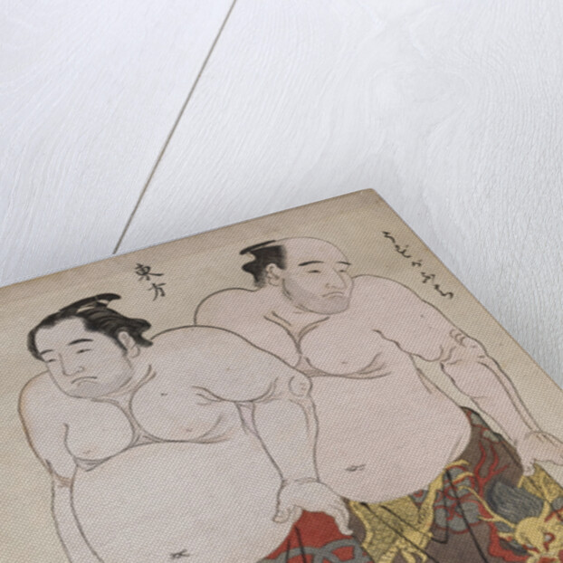 Full-length portraits of wrestlers from the Eastern Group, Uzugafuchi on the right and Onogawa on the left by Katsukawa Shunsho