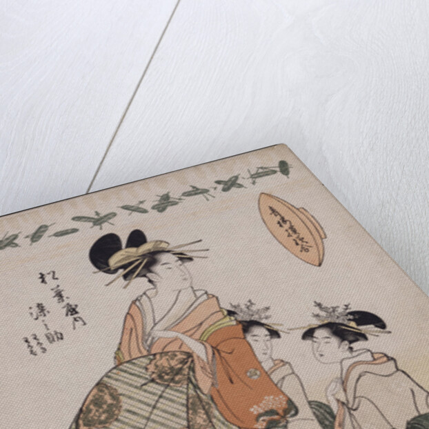 A full-length portrait of the courtesan Somenosuke accompanied by two Kamuro by Chobunsai Eishi