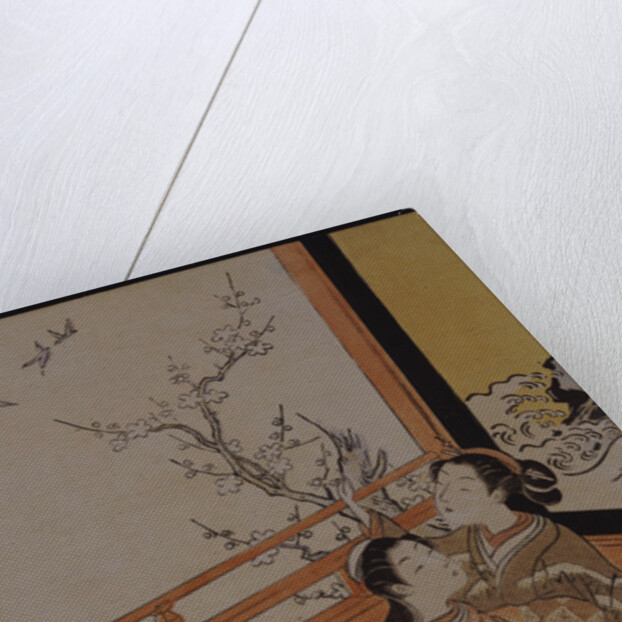 Two women seated by a verandah, one pointing at geese in flight, beyond a flowering plum tree outside by Suzuki Harunobu