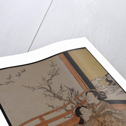 Two women seated by a verandah, one pointing at geese in flight, beyond a flowering plum tree outside by Suzuki Harunobu