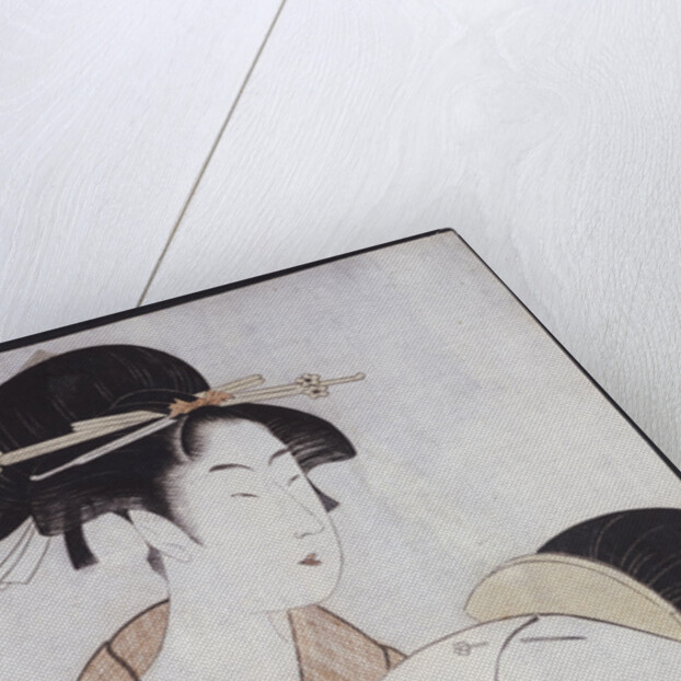 Bust portrait of two women, one holding a fan, the other with a head cover holding a tea cup by Kitagawa Utamaro