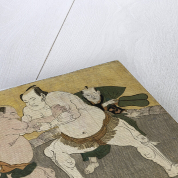 The bout between Kajigahama Rikiemon of the Eastern Group and Sekinoto Hachiroji of the Edo team and the gyoji Kimura Shonosuke by Katsukawa Shunsho