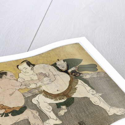 The bout between Kajigahama Rikiemon of the Eastern Group and Sekinoto Hachiroji of the Edo team and the gyoji Kimura Shonosuke by Katsukawa Shunsho