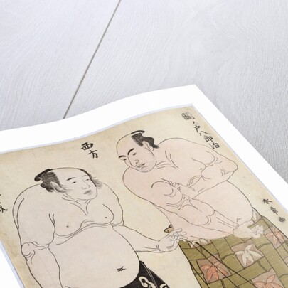 Full-length portraits of wrestlers of the Western Group, depicting Sekinoto Hachiroji on the right and Dewanoumi Kinzo on the left by Katsukawa Shunsho