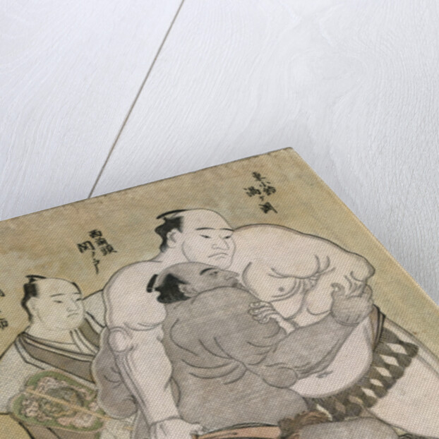The wrestling bout between the komusubi of the Eastern Group Uzugafuchi Kan'dayu and the maegashira of the Western Group Sekinoto Hachiroji, refereed by Kimura Shonosuke by Katsukawa Shunsho