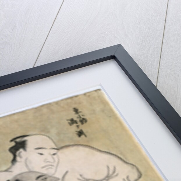 The wrestling bout between the komusubi of the Eastern Group Uzugafuchi Kan'dayu and the maegashira of the Western Group Sekinoto Hachiroji, refereed by Kimura Shonosuke by Katsukawa Shunsho