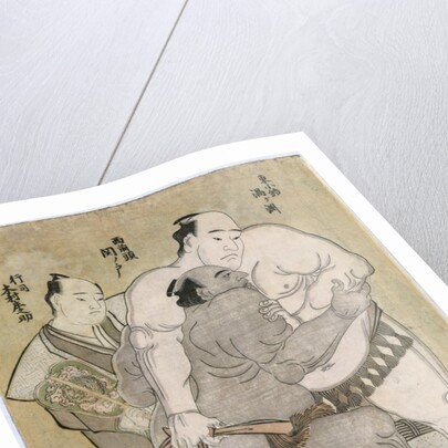 The wrestling bout between the komusubi of the Eastern Group Uzugafuchi Kan'dayu and the maegashira of the Western Group Sekinoto Hachiroji, refereed by Kimura Shonosuke by Katsukawa Shunsho