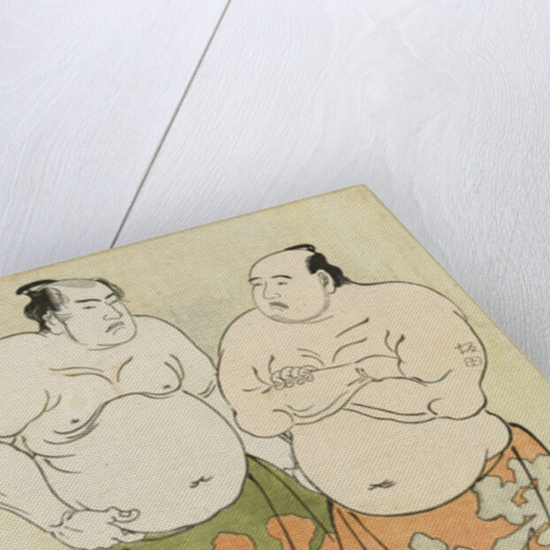 Full-length portraits of the wrestlers Fudenoumi of the Eastern Group on the right and Kashiwado of the Western group on the left by Katsukawa Shunsho