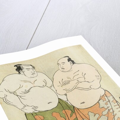 Full-length portraits of the wrestlers Fudenoumi of the Eastern Group on the right and Kashiwado of the Western group on the left by Katsukawa Shunsho