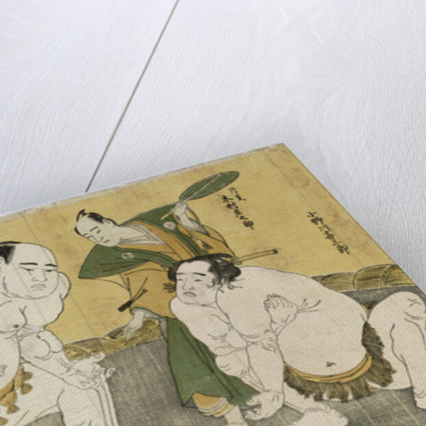 Onogawa Kisaburo and Tanikaze Kajinosuke performing the shikiri in the dohyo, the referee Kimura Shonosuke behind them by Katsukawa Shunsho