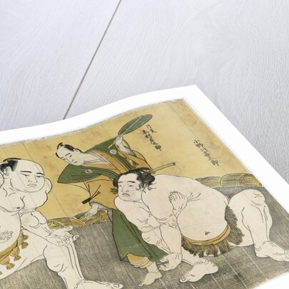 Onogawa Kisaburo and Tanikaze Kajinosuke performing the shikiri in the dohyo, the referee Kimura Shonosuke behind them by Katsukawa Shunsho