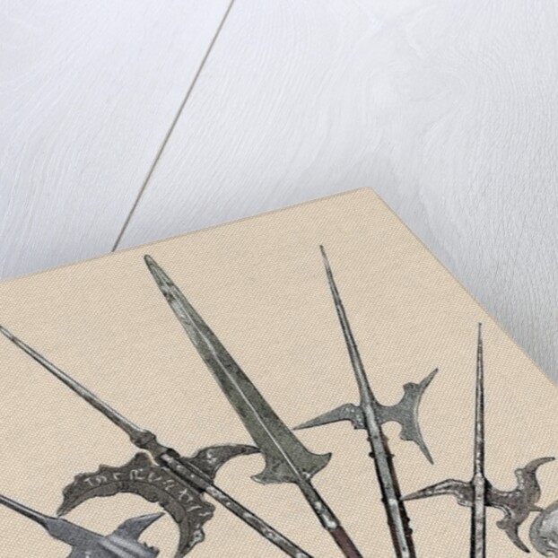Weapons. Halberds and spearhead. Colored engraving by Anonymous