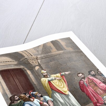 Saint Ambrose (c. 340-397) excommunicating the Roman Emperor Theodosius I. Colored engraving by Anonymous