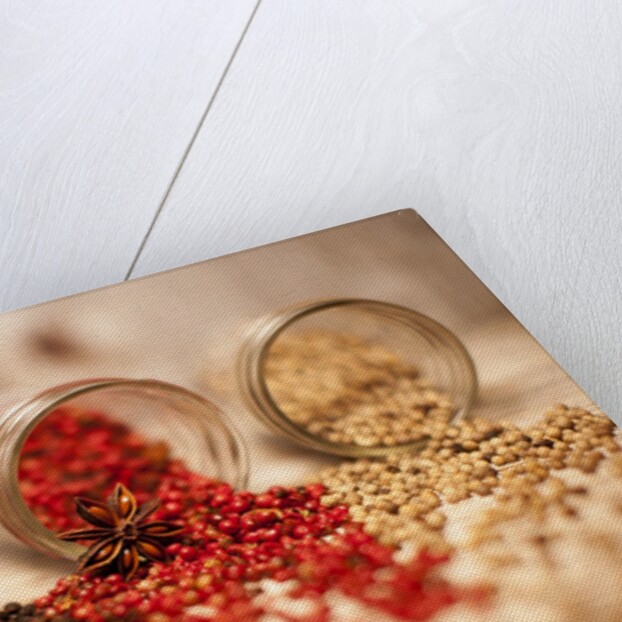 Black, red, and white pepper corns in rustic mason jars by Anonymous