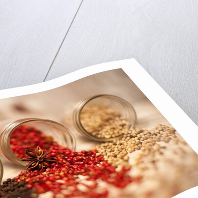 Black, red, and white pepper corns in rustic mason jars by Anonymous