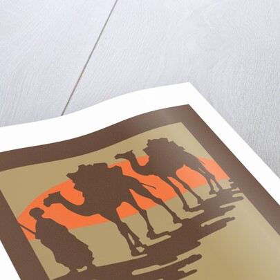 Woodcut of camels and nomad by Anonymous