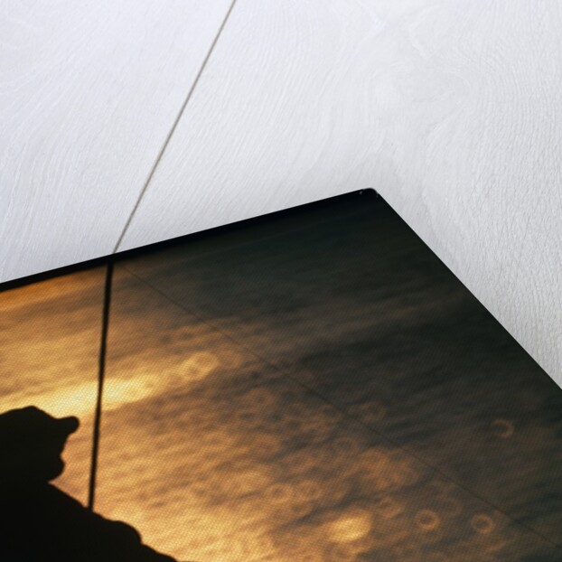 Silhouette of child fishing off a dock at sunset by Anonymous