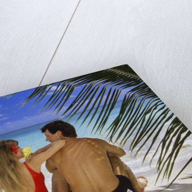 Couple On Tropical Beach With Palm Frond Ocean And Sky by Anonymous