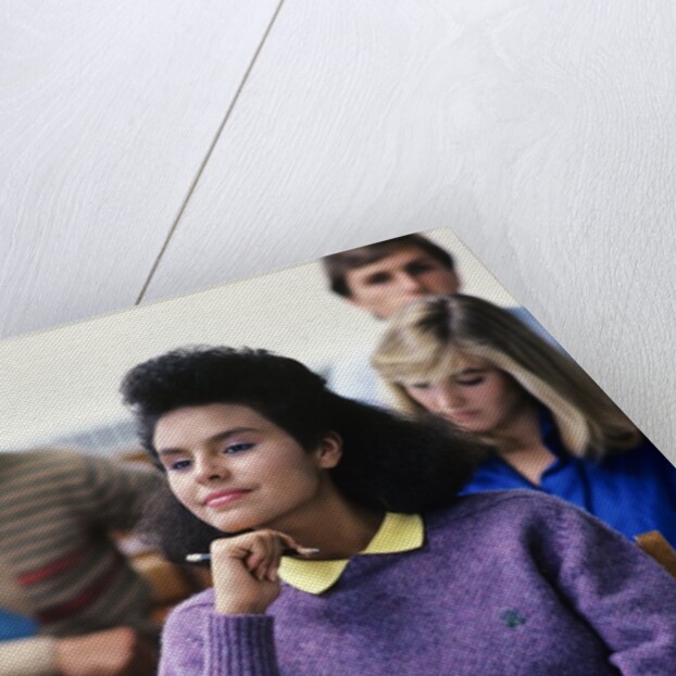 1980s college classroom students sitting at desks by Anonymous