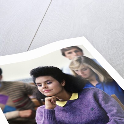 1980s college classroom students sitting at desks by Anonymous