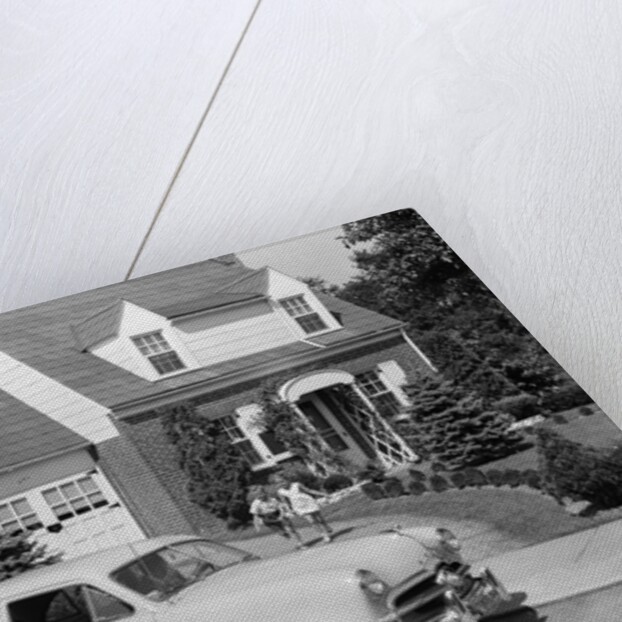1950s children running towards father sitting in a car by Anonymous