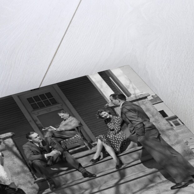 1930s three men courting a woman on a front porch by Anonymous