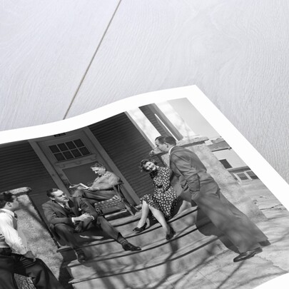 1930s three men courting a woman on a front porch by Anonymous