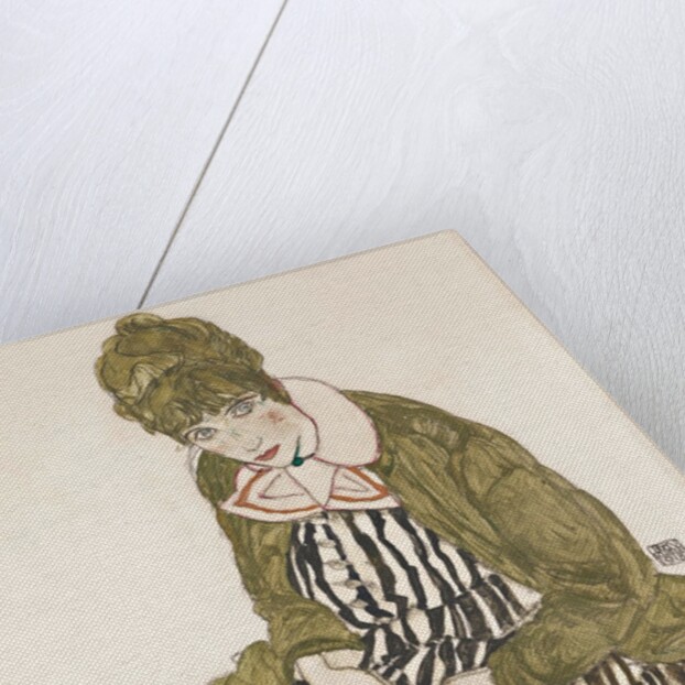 Edith with Striped Dress, Sitting by Egon Schiele