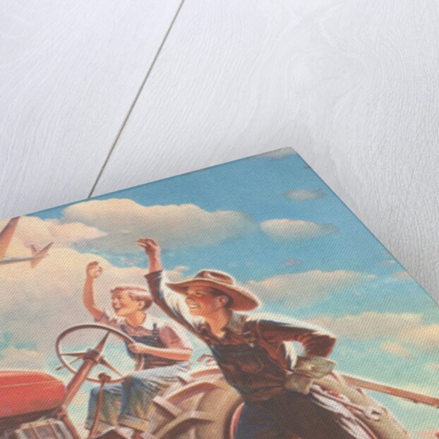 Farmer and Son Waving to Airplane by Anonymous