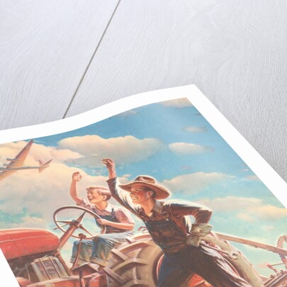 Farmer and Son Waving to Airplane by Anonymous