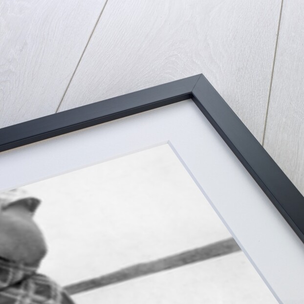 Woman holds on large Northern Pike on a lake pier, ca. 1950. by Anonymous