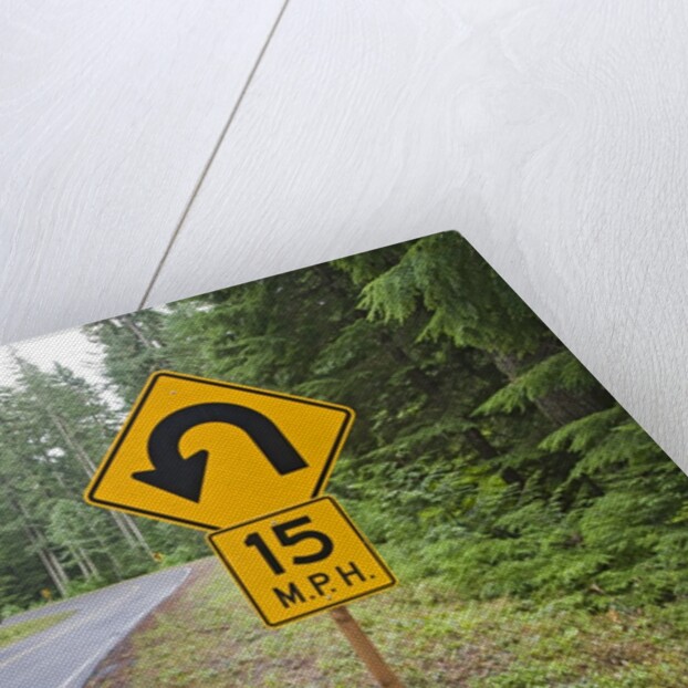 A signpost on a forest road warning of a U turn in the Cascade Mountains of Central Oregon by Corbis