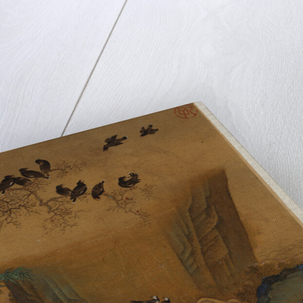 Mynah birds gathering in a tree by a stream from an album of bird paintings by Gao Qipei