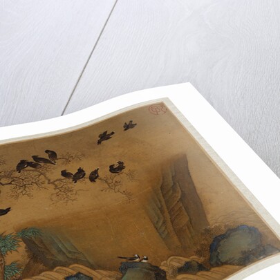 Mynah birds gathering in a tree by a stream from an album of bird paintings by Gao Qipei