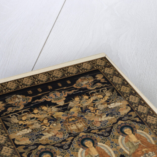 A rare silk brocade hanging of the Buddhist paradise, Lampas, with the Buddha in three mudras, representing the Past, Present and Future above Eighteen Luohans by Anonymous