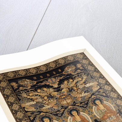 A rare silk brocade hanging of the Buddhist paradise, Lampas, with the Buddha in three mudras, representing the Past, Present and Future above Eighteen Luohans by Anonymous