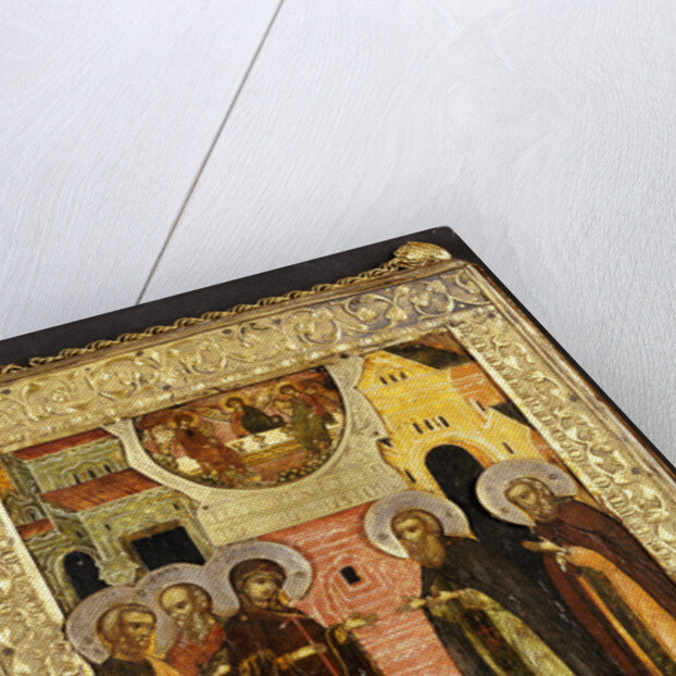 The Appearance of the Holy Mother of God to Saints Sergei and Nikon, Depicted full length, in Front of an Architectural Facade, with the Old Testament Trinity Above by Anonymous