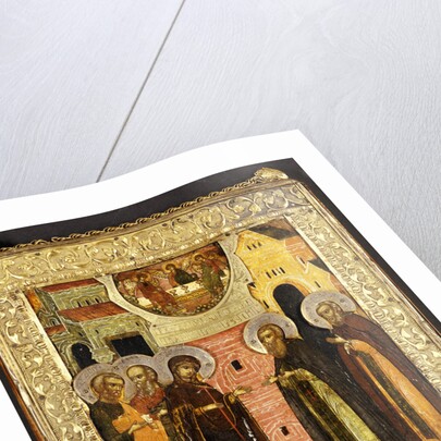 The Appearance of the Holy Mother of God to Saints Sergei and Nikon, Depicted full length, in Front of an Architectural Facade, with the Old Testament Trinity Above by Anonymous