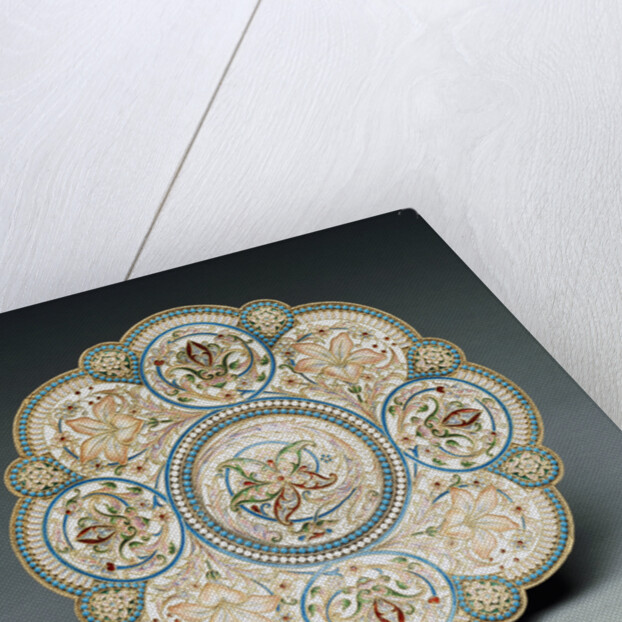 An overhead view of a shaded enamel silver-gilt tazza, the base bearing an engraved Faberge mark by Anonymous