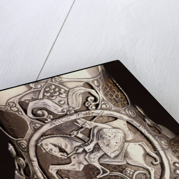 Detail from a Faberge Russian Pan-Slavic style silver-mounted art pottery vase depicting a mounted knight in armour by Anonymous