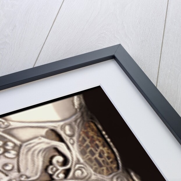 Detail from a Faberge Russian Pan-Slavic style silver-mounted art pottery vase depicting a mounted knight in armour by Anonymous