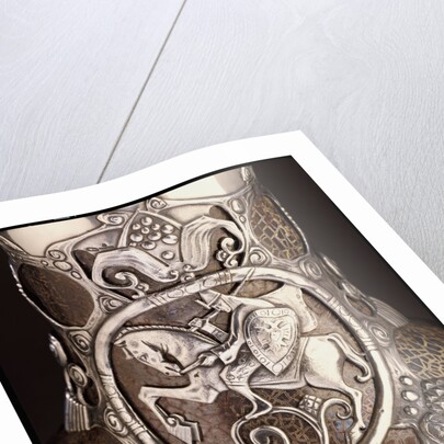 Detail from a Faberge Russian Pan-Slavic style silver-mounted art pottery vase depicting a mounted knight in armour by Anonymous