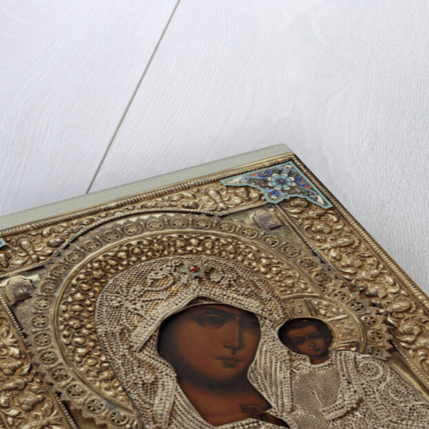 An enamel and silver-gilt icon of the Virgin Kazanskaya, the oklad marked Moscow by Anonymous