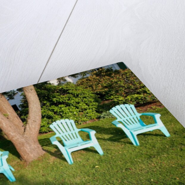 Turquois lawn chairs and green grass at sunset by Anonymous