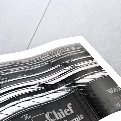 Railroad boxcars in rail yard, Chicago, Illinois, USA, ca. 1950 by Anonymous