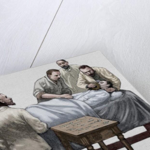 History of medicine. Chloroform anesthesia. Engraving, 19th century. Colored. by Anonymous