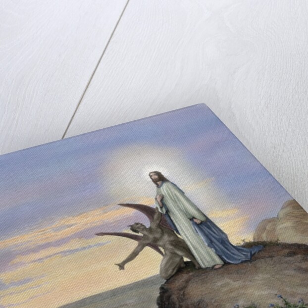 Jesus tempted by the Devil. Engraving. Colored. by Anonymous